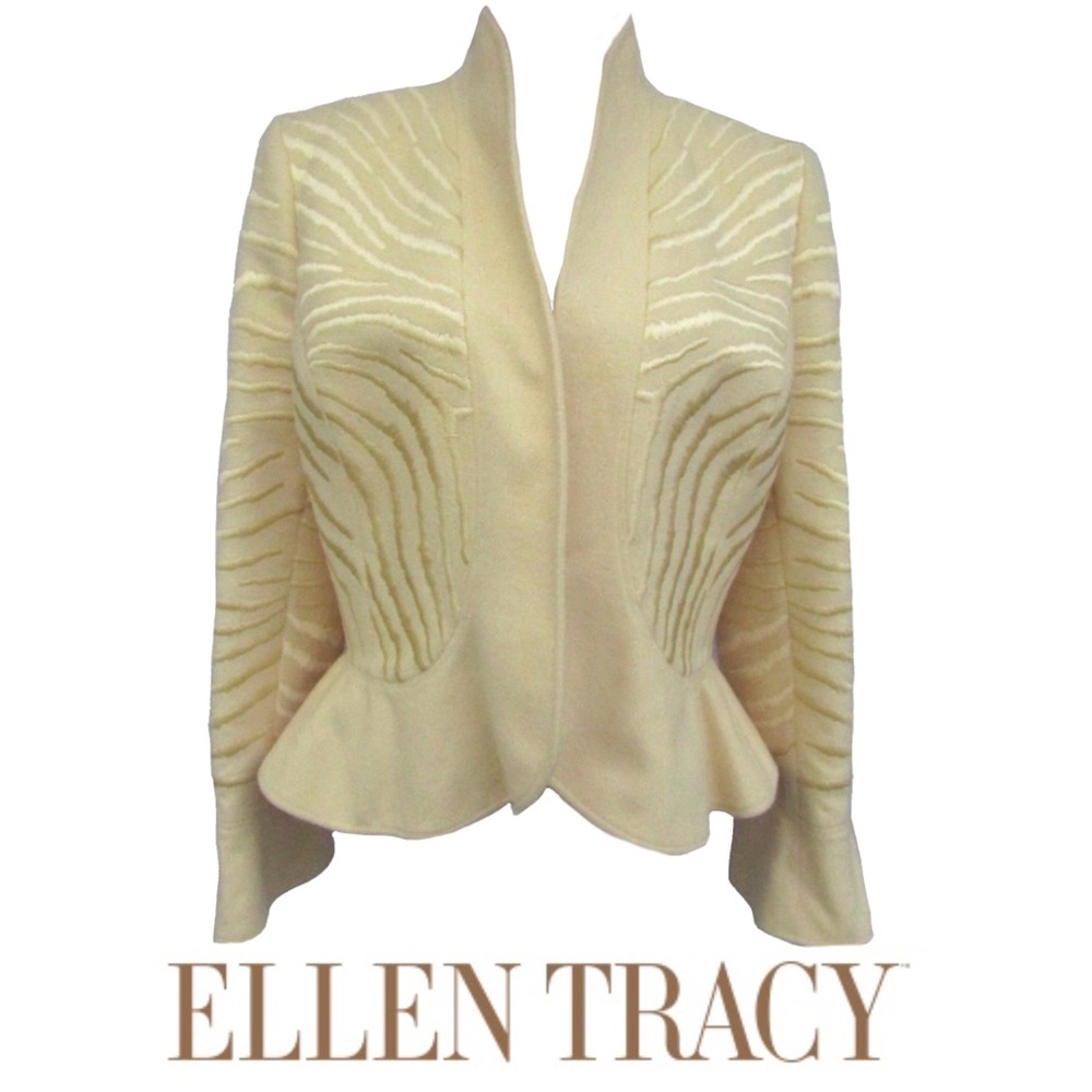 Ellen Tracy Wool Blazer Jacket, Peplum Butter Yellow Animal Print Sz 6 Style NWT